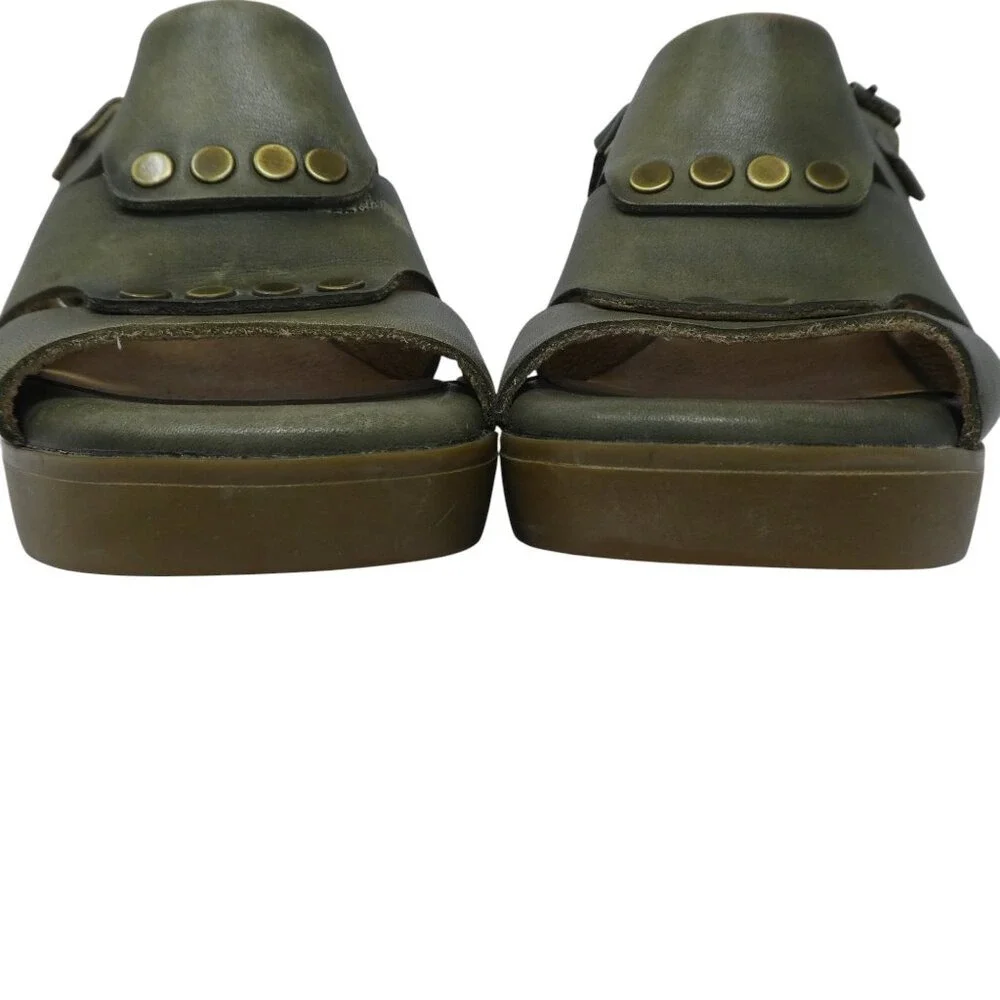 Bussola Massa Wedge‎ Sandals Womens 37 US 6-6.5 Green Leather Studded Slingback